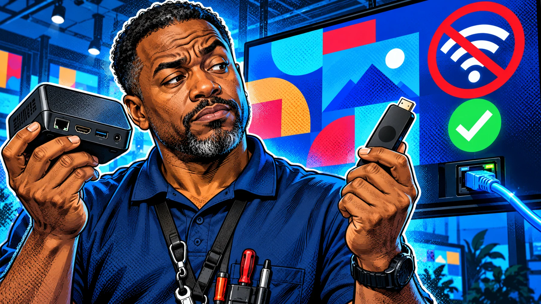 Digital Signage Player Guide: Hardware, Operating Systems and Offline Playback: editorial illustration of a thoughtful middle-aged Black male IT technician wearing a collared polo shirt with a tool lanyard