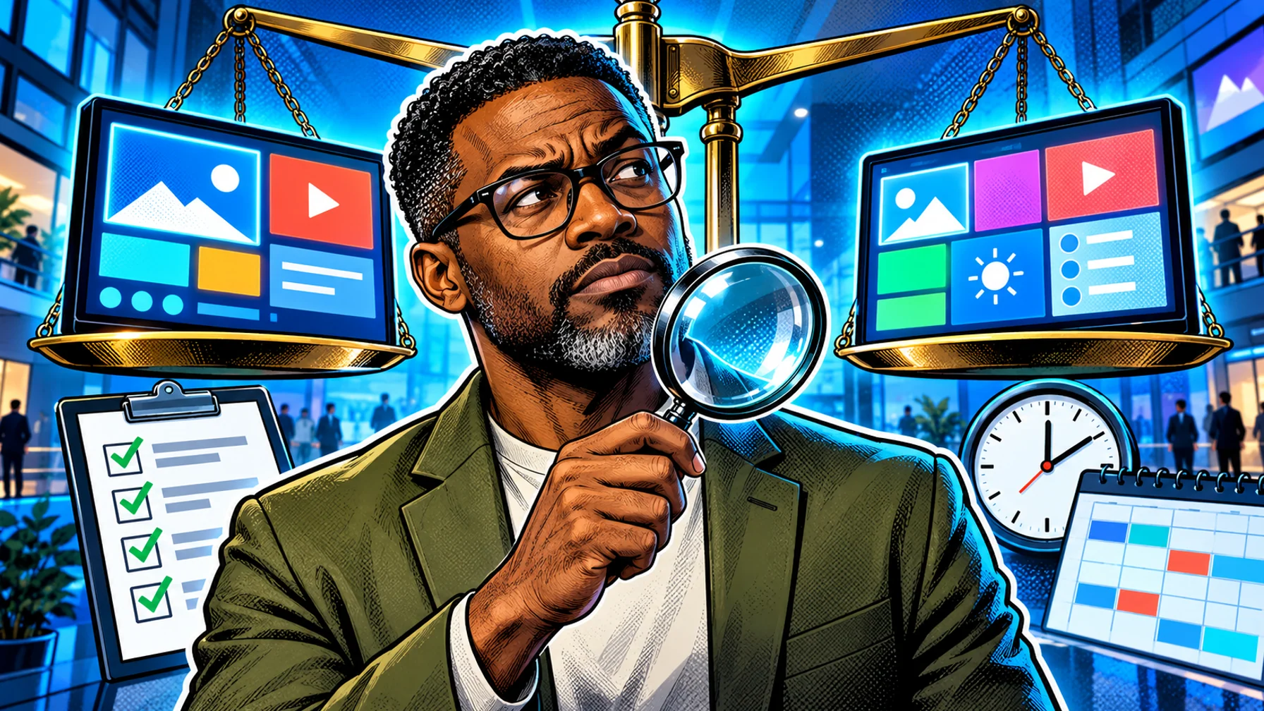Digital Signage Software Comparison: Features, Pricing and Fit: editorial illustration of a thoughtful middle-aged Black male operations buyer wearing glasses and a smart olive blazer over a crew-neck shirt