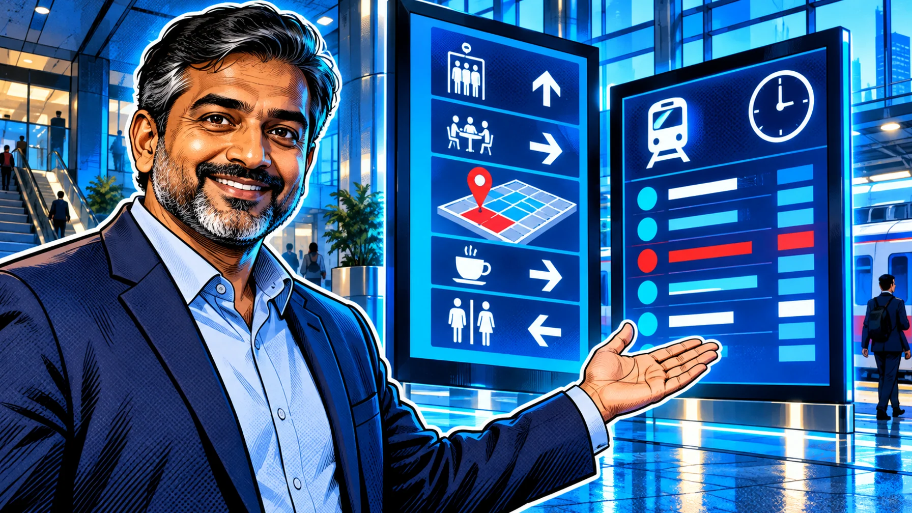 Digital Wayfinding Guide: Building Directories and Travel Schedules: editorial illustration of a welcoming middle-aged South Asian male facilities manager in a smart navy blazer over a light blue collared shirt