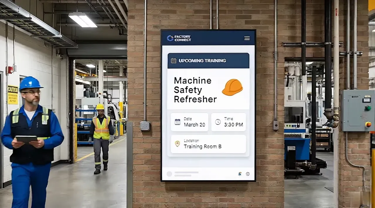 Factory screen showing a machine safety training notice