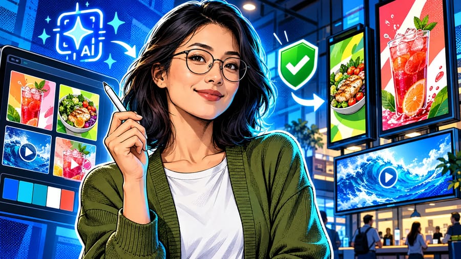AI Digital Signage Content: From Brief to On-Brand Images and Video: editorial illustration of a focused thirties East Asian female brand designer wearing round glasses and an olive green cardigan over a white tee