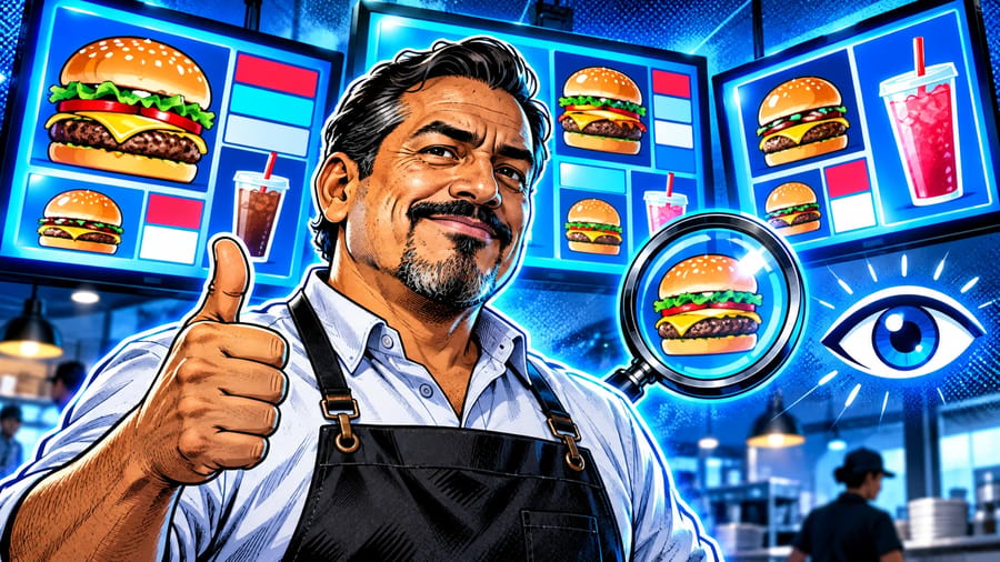 Digital Menus for Restaurants: Layout, Pricing and Readability: editorial illustration of a focused middle-aged Latino restaurant owner wearing a crisp collared shirt and a dark chef apron