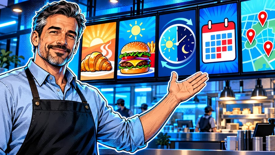Digital Restaurant Menu Boards: Dayparts, Offers and Local Variations: editorial illustration of a calm middle-aged male restaurant operations manager wearing a neat button-down shirt and dark apron