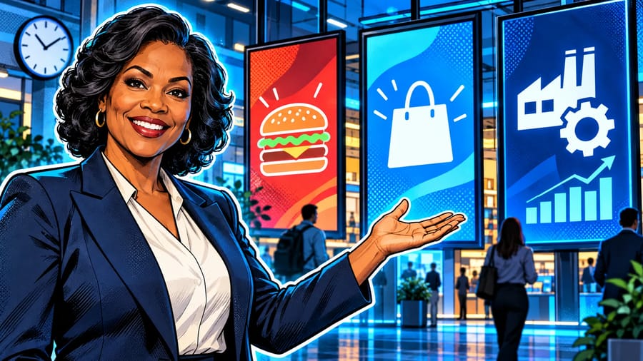 Digital Signage Examples for 12 Industries: editorial illustration of a confident middle-aged Black female operations consultant wearing a tailored navy blazer over a crisp cream blouse