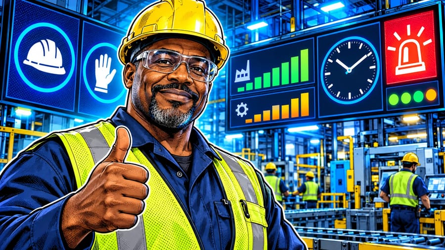 Digital Signage for Manufacturing: Safety and Shift Communications: editorial illustration of a middle-aged Black male factory shift supervisor wearing a yellow hard hat, safety glasses and a high-visibility vest over a navy work shirt
