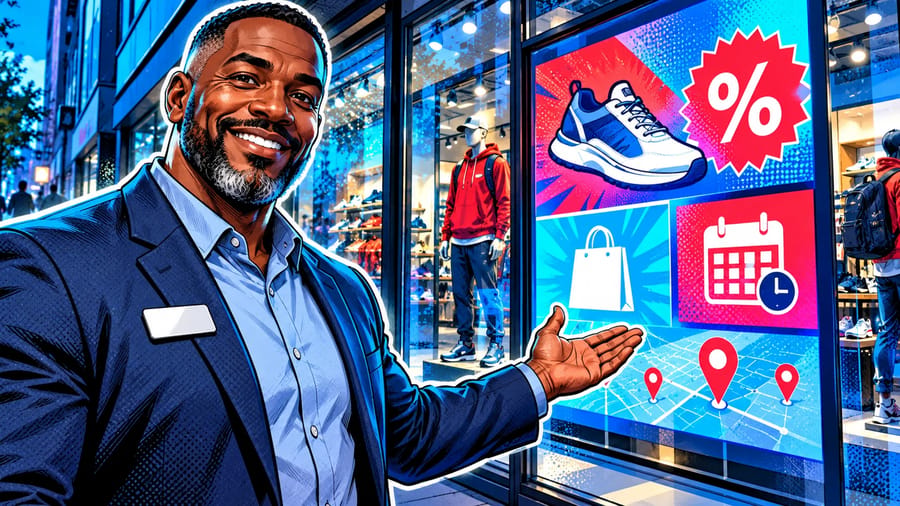 Digital Signage for Retail: Promotions, Windows and Local Offers: editorial illustration of a confident middle-aged Black male retail store manager wearing a smart casual blazer over a collared shirt with a name badge