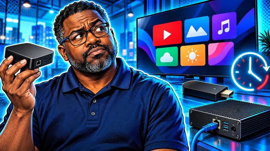 Digital Signage Media Player vs. Smart TV App: editorial illustration of a thoughtful middle-aged Black male IT operations manager wearing a navy polo shirt and glasses