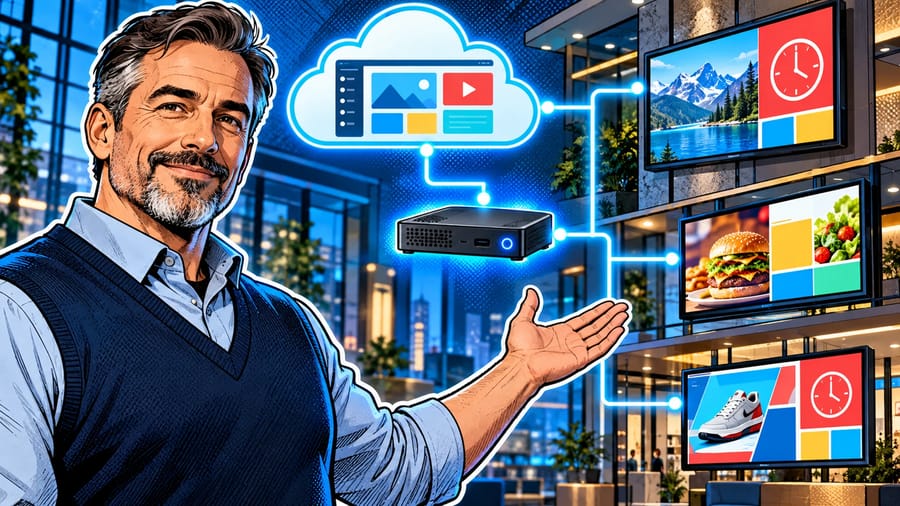 The Complete Guide to Digital Signage Software: editorial illustration of a calm middle-aged male operations manager in a collared shirt and navy sweater vest