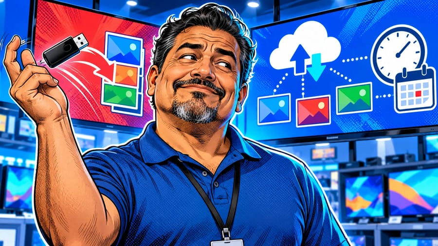 Digital Signage Software vs. Canva + USB: A Workflow Comparison: editorial illustration of a relieved middle-aged Latino retail store manager in a collared polo shirt