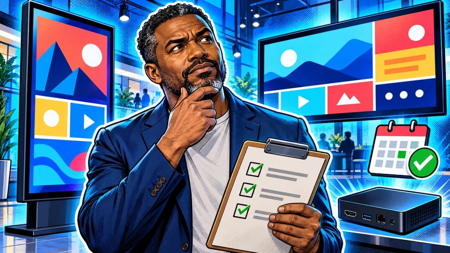 How to Choose the Right Digital Signage for Your Business: editorial illustration of a thoughtful middle-aged Black male business owner wearing a smart-casual navy blazer over a crew-neck shirt