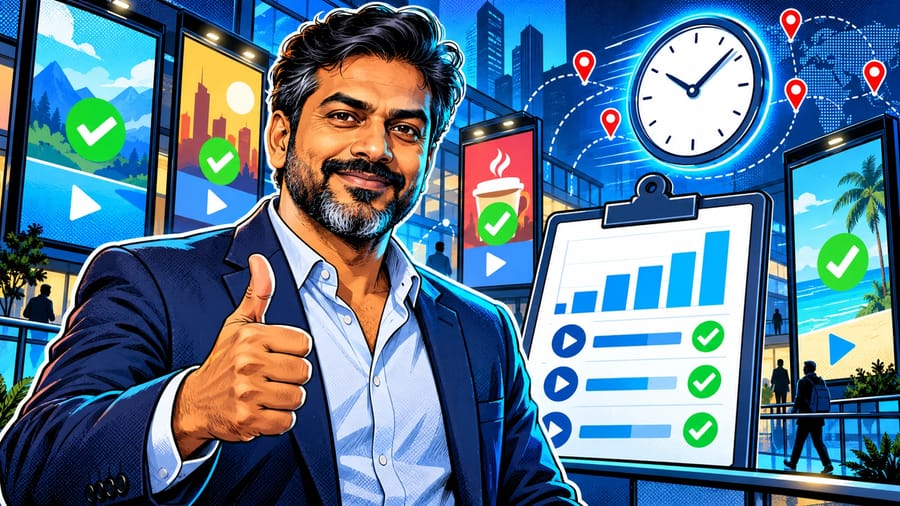 What Is Proof of Play and How Do You Verify Screen Delivery?: editorial illustration of a sharp middle-aged South Asian male marketing operations manager in a navy blazer over an open-collar shirt