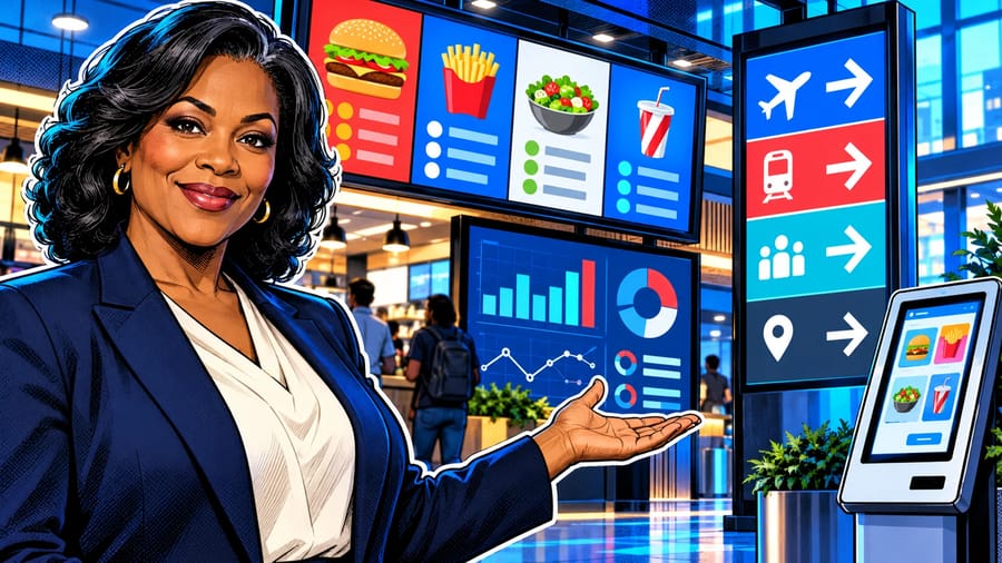 Types of Digital Signage: Menu Boards, Wayfinding, Dashboards and More: editorial illustration of a thoughtful middle-aged Black female operations director wearing a navy blazer over a cream blouse