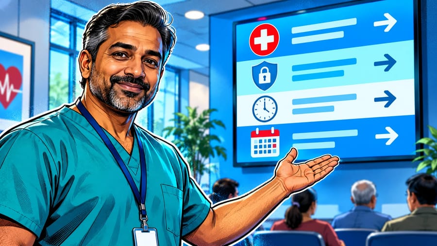Waiting Room Information Screens: Patient-Friendly Content: editorial illustration of a warm middle-aged South Asian male clinic practice manager wearing teal medical scrubs and a lanyard