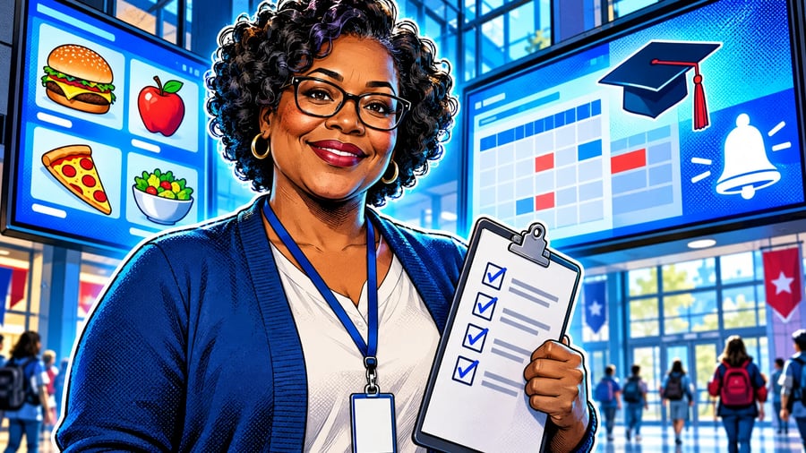 Best Digital Signage Software for Schools: A Buyer's Checklist: editorial illustration of a friendly middle-aged Black female school office administrator wearing glasses, a cardigan and a lanyard badge